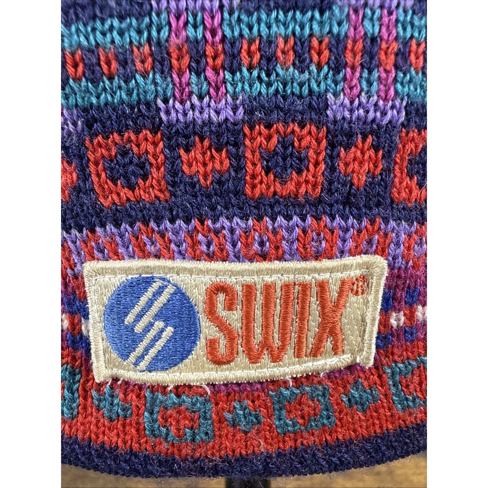 Vintage Swix Ski Hat Navy Blue Red Fair Isle Wool Blend Fleece Lined Tassel OS E
